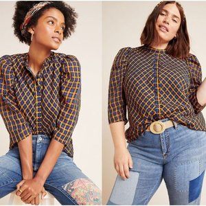 Anthropologie Eva Franco Textured Plaid Blouse, Size 14